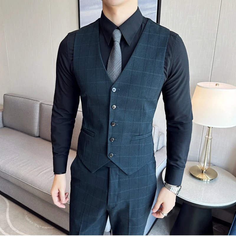 Fashion New Men Boutique Plaid Suits Business Wedding Groom Suits Three Piece Set 3 Pcs Dress Blazers Jacket Coat Pants Vest