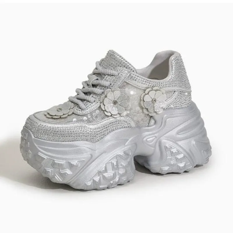 

2026 New Summer Bling Shoes Women Synthetic Leather Casual Platform Sneakers Women Vulcanize Hollow Chunky Sneakers 10CM Shoes