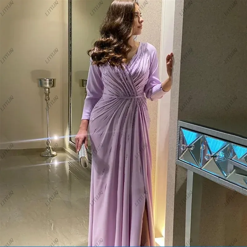 LIYYLHQ Lilac Prom Dress For Elegant Women Saudi Arabia V- Neck Beaded Full Sleeves Evening Dresses Side Slit Formal Party Dress