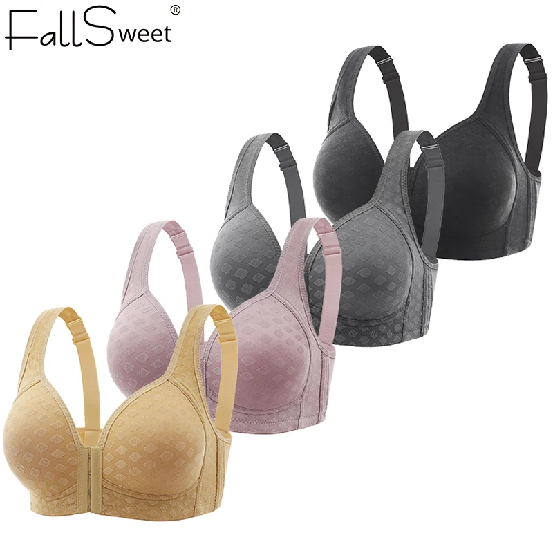 FallSweet Older Women's Front Closure Bra for  Wire-Free Push Up Bralette Full Coverage Fixed Cups Seamless Mother Underwear