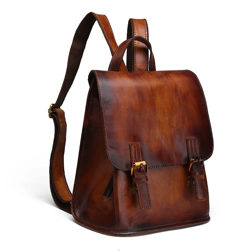 Vintage Genuine Leather Backpack Women Real Cow Leather Bagpack Brown Ladies Cowhide Double Shoulder Bag