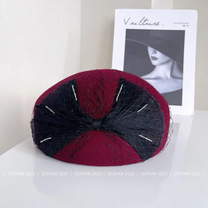 High-end Silk Cotton Mesh Ribbon Bow Beret Luxurious Australian Wool Painter's Hat Fashionable Elegant Flight Attendant Hat