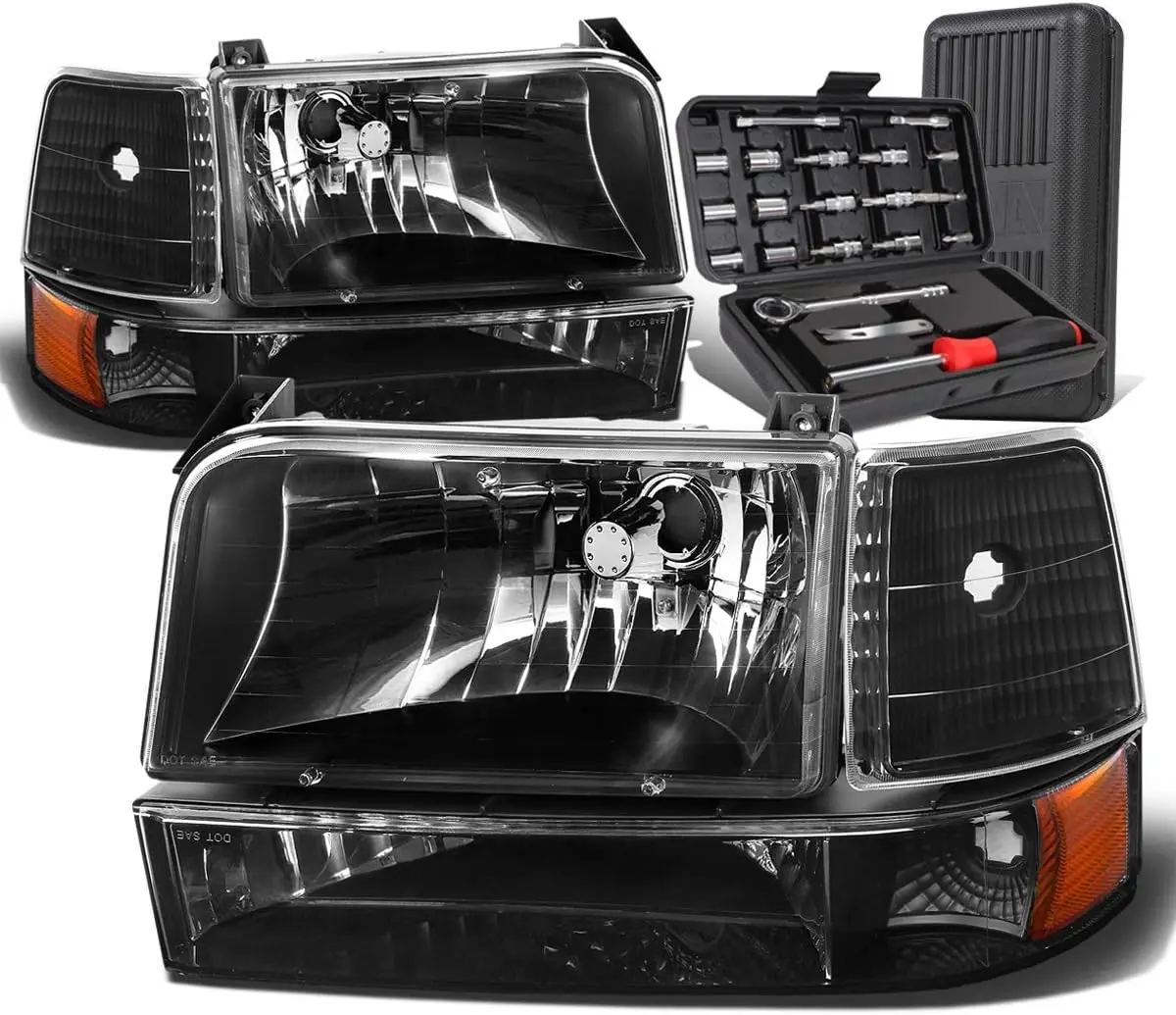 

Black Houisng Amber Corner Headlight w/Bumper Lamps+Tool Kit Compatible with Ford F-150 F-250 F-350 92-96