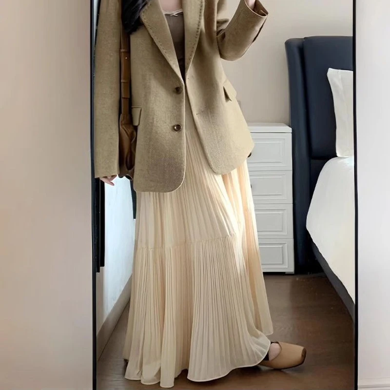 

Летние женские дизайнерские юбки миди с драпировкой, элегантные модные юбки с высокой талией, классические корейские однотонные юбки-миди для девушек