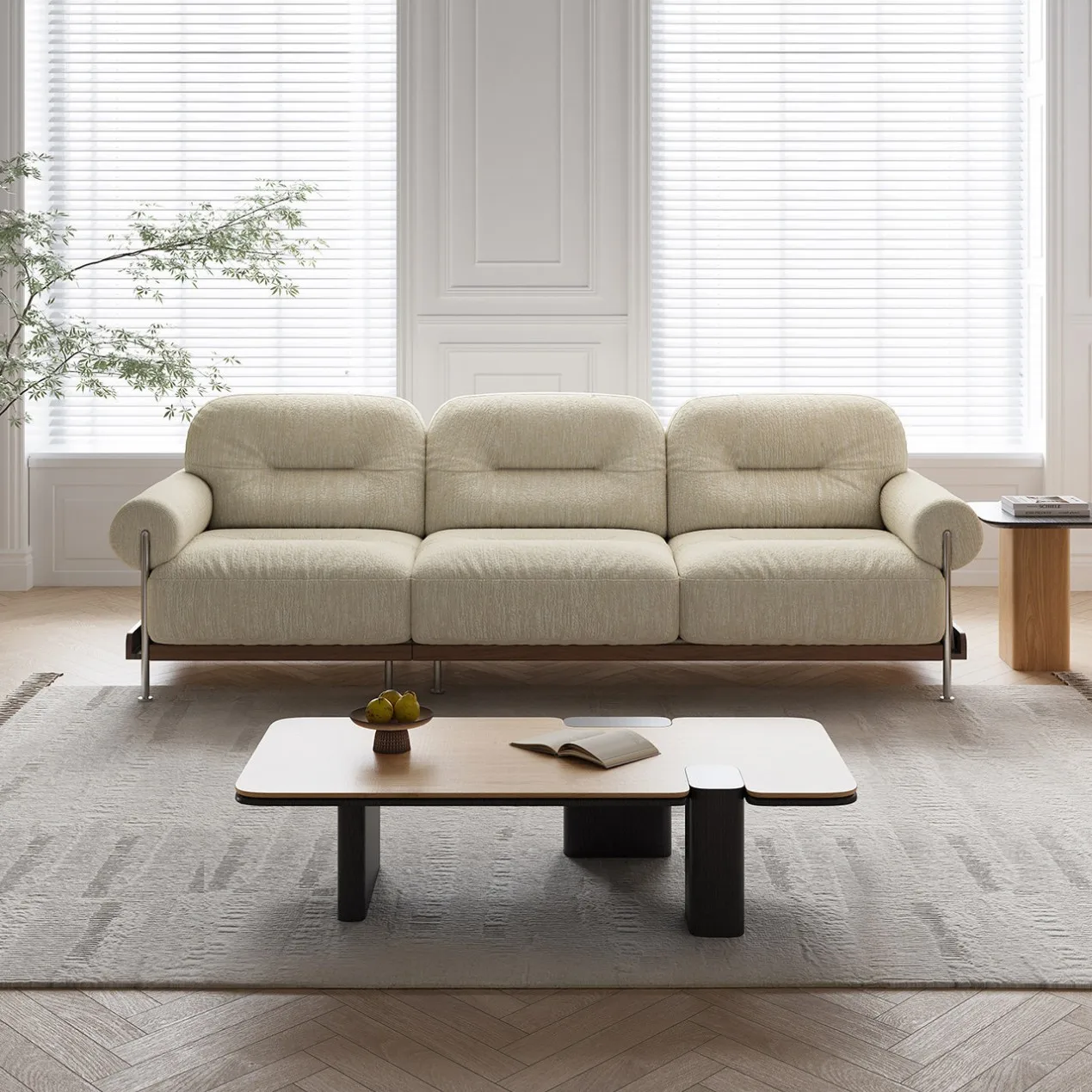 Small apartment living room solid wood straight row chenille fabric removable sofa