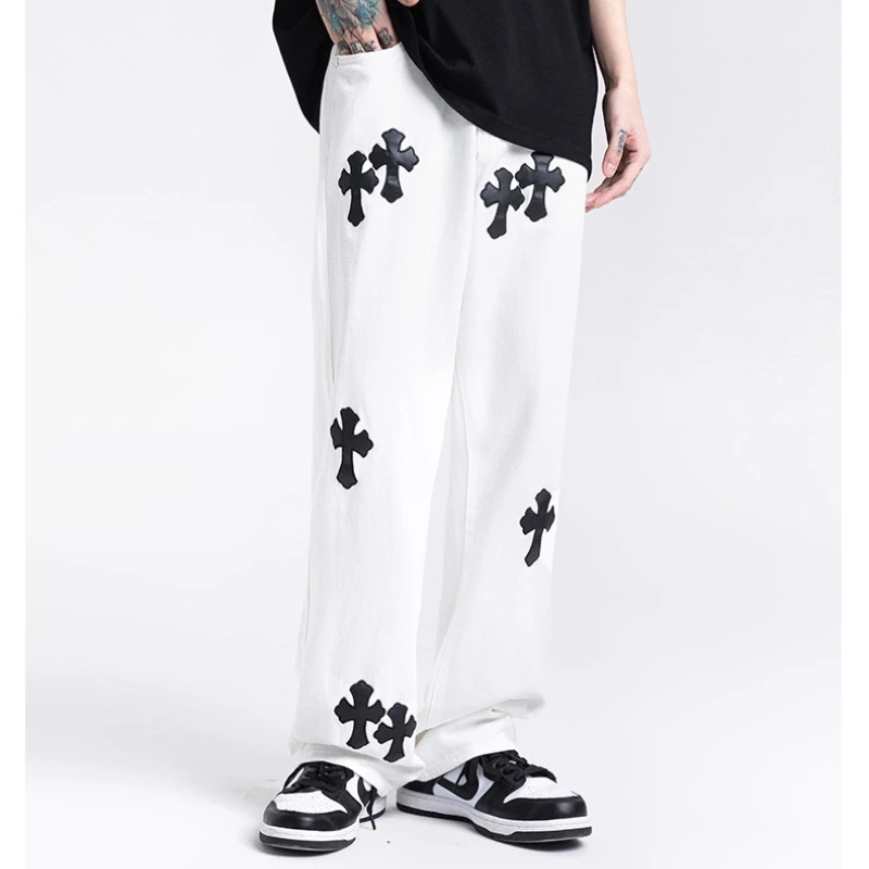 

Korean Crucifix White Jeans Men's American Loose Straight Hip Hop Dragging Long Pants Cool Vintage