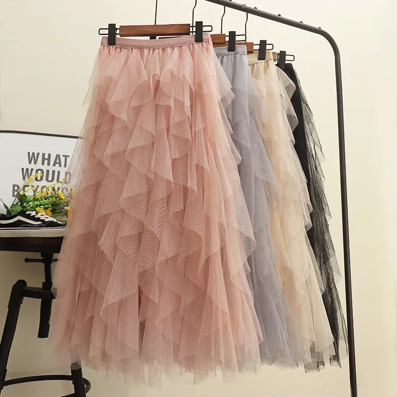 

2023 Summer Casual Womens Solid Ball Gown Skirt Tulle High Waist Pleated Tutu Skirt Ladies Wild Mesh Dating Skirts Drop