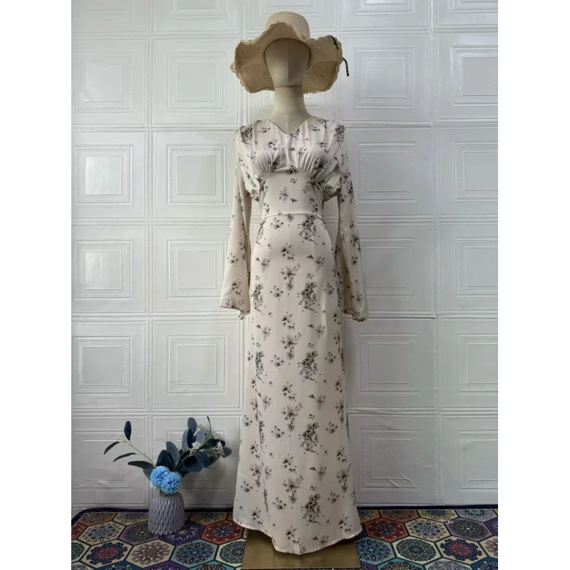 2025 صيف جديد نمط أنيق وناعم مزاجه فستان طويل الأكمام فستان زهري للنساء