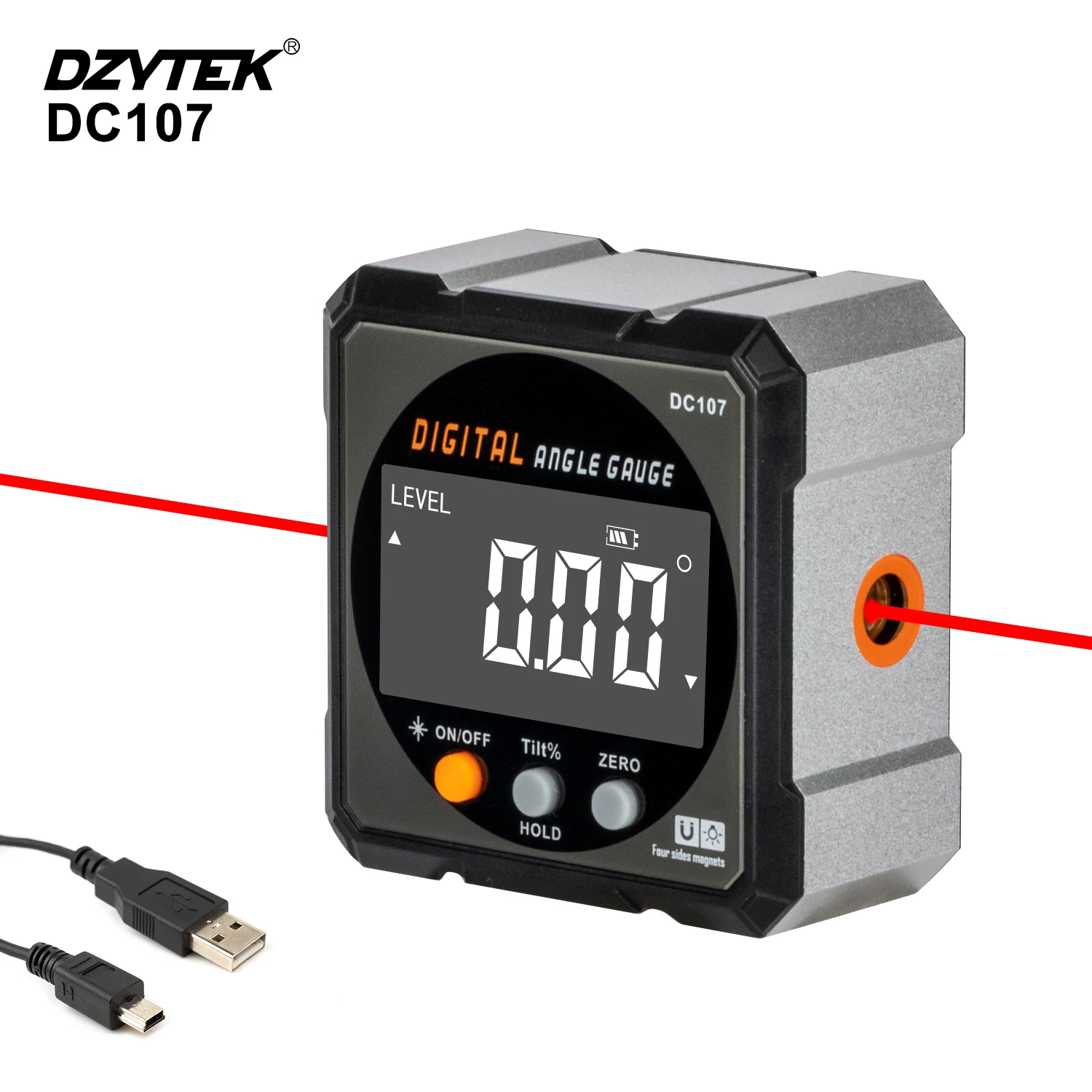 DZYTEK Digital Angle Finder Laser Protractor 4-side Strong Magnetic Angle Gauge Woodworking Measuring Tool Cube Inclinometer