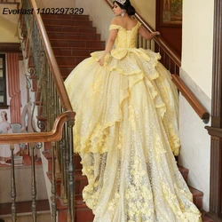 EVLAST Customized Yellow Sequins Quinceanera Dress Ball Gown Shiny pplique Beading Bow Corset Sweet 16 Vestido De 15 Anos TQD990