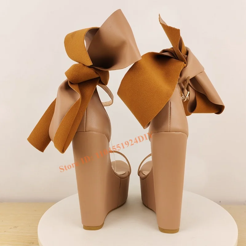 Leather Upper Wedge Heeled Thick Platform Adjustable Diy Wrap Strap Bow Tie Knot High Heel Sandals Women Open Toe Summershoes view 6
