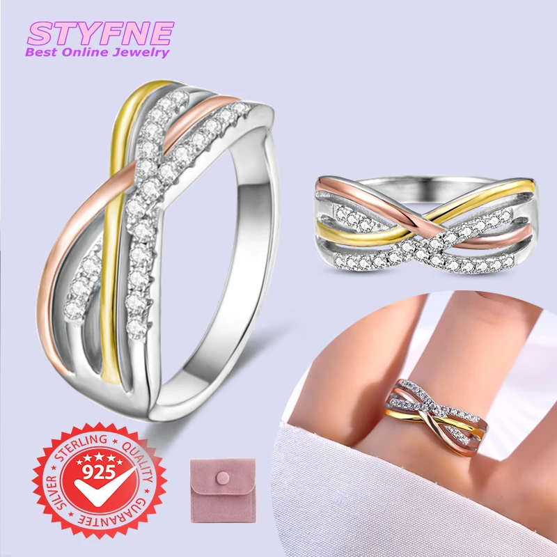 Women 925 Sterling Silver Bicolour Track Line Rings Eternity Wedding Rings Anniversary Fashion Gifts for Mother Wife Girls