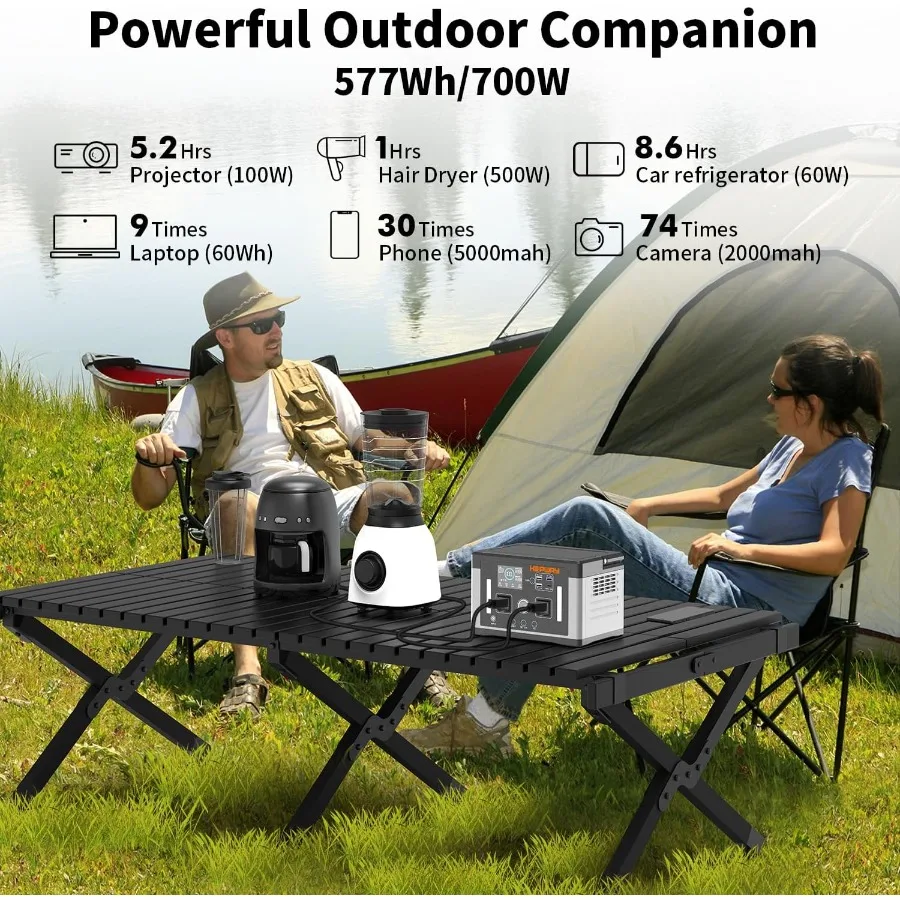 Portable Power Station 700W 1000W Peak 577Wh Backup Battery Solar Generator with Pure Sine Wave Inverter 120V AC Output Car Out