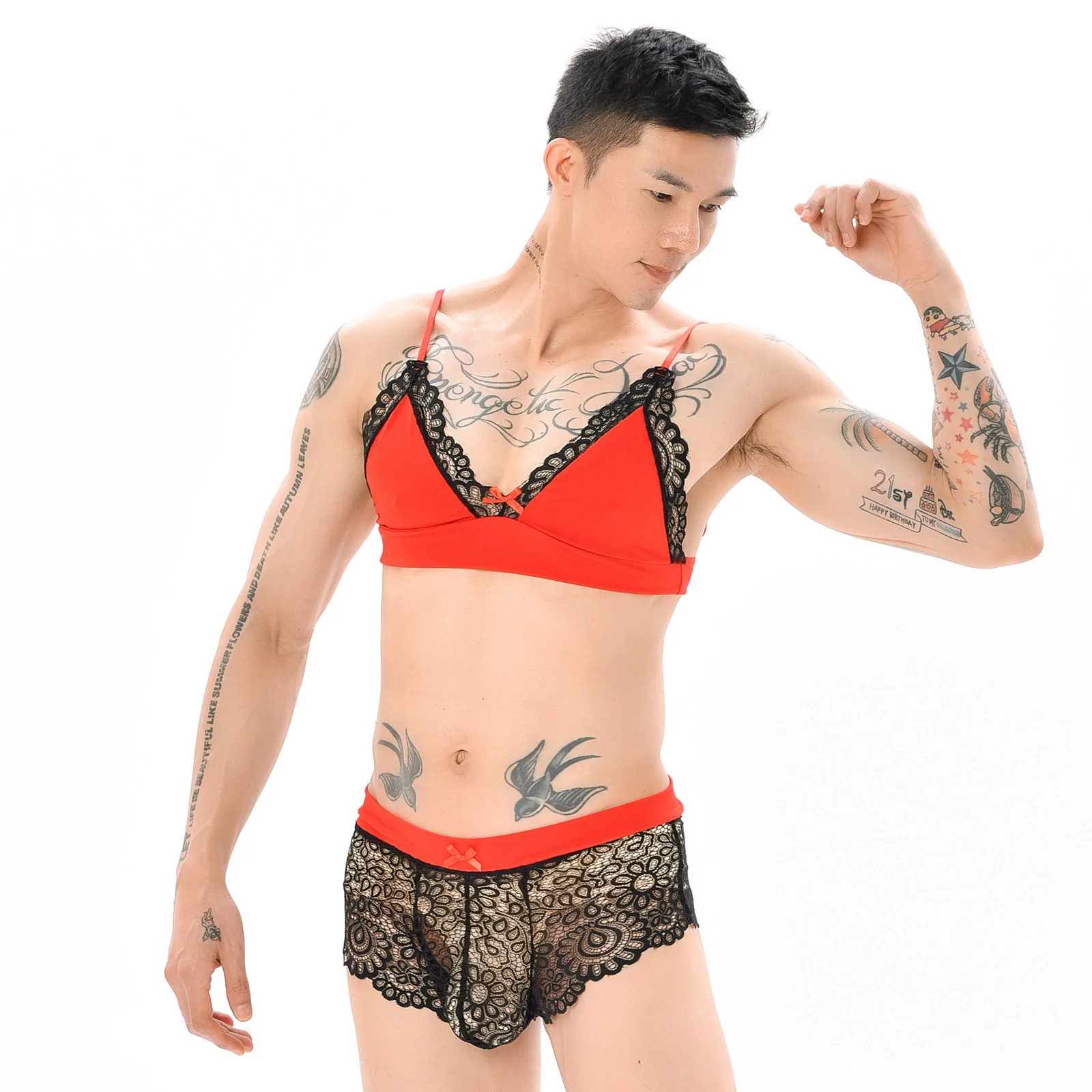 

Men's Sexy Bra Top Set for Sissy Crossdressing Erotic Lingerie See Through Mesh Lace Underwear Transparent Boxers Fetish Customs