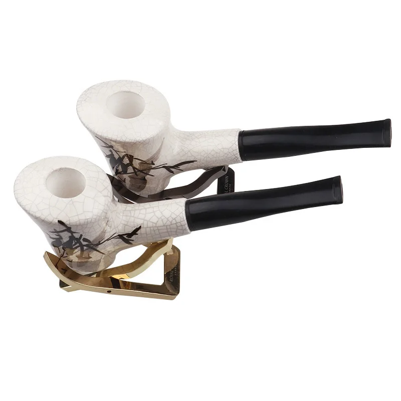 Ceramics 9mm Filter Flue Ink Wash Paint Porcelain Tobacco Pipe Retro Bent Type Handle Smoking Pipe With Accessory Old Dad\'s Gift