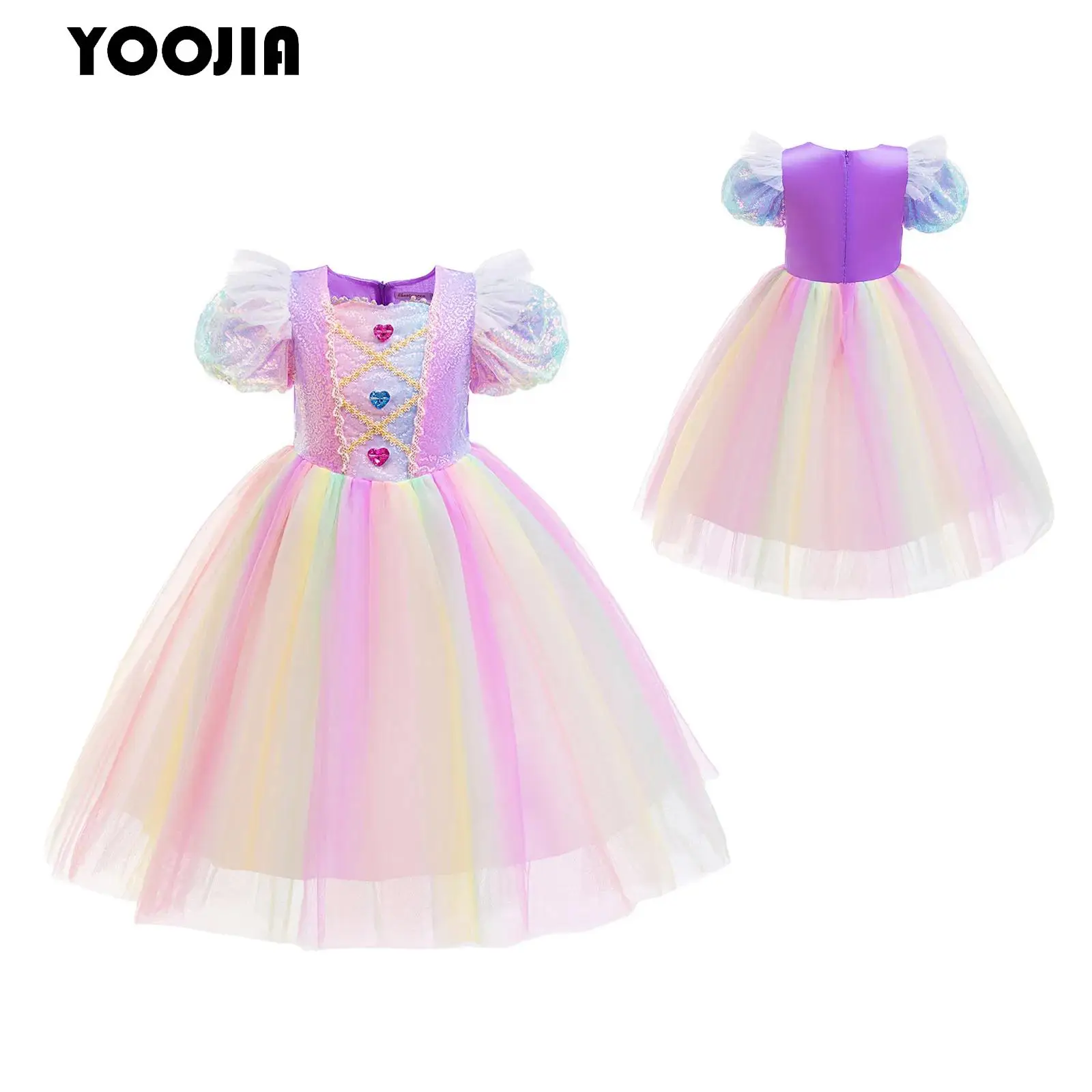 

Halloween Fairy Costume for Kids Girls Rhinestone Princess Dress Puffy Sleeve Rainbow Mesh Sequin Tutu Dress Birthday Party Gown