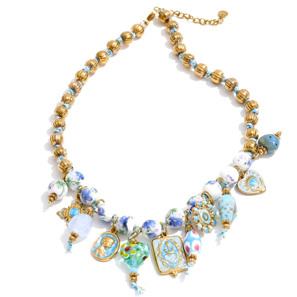 Women's Handmade Beads Chain Ceramic Heart Eye Drop Necklace Bracelet Set
