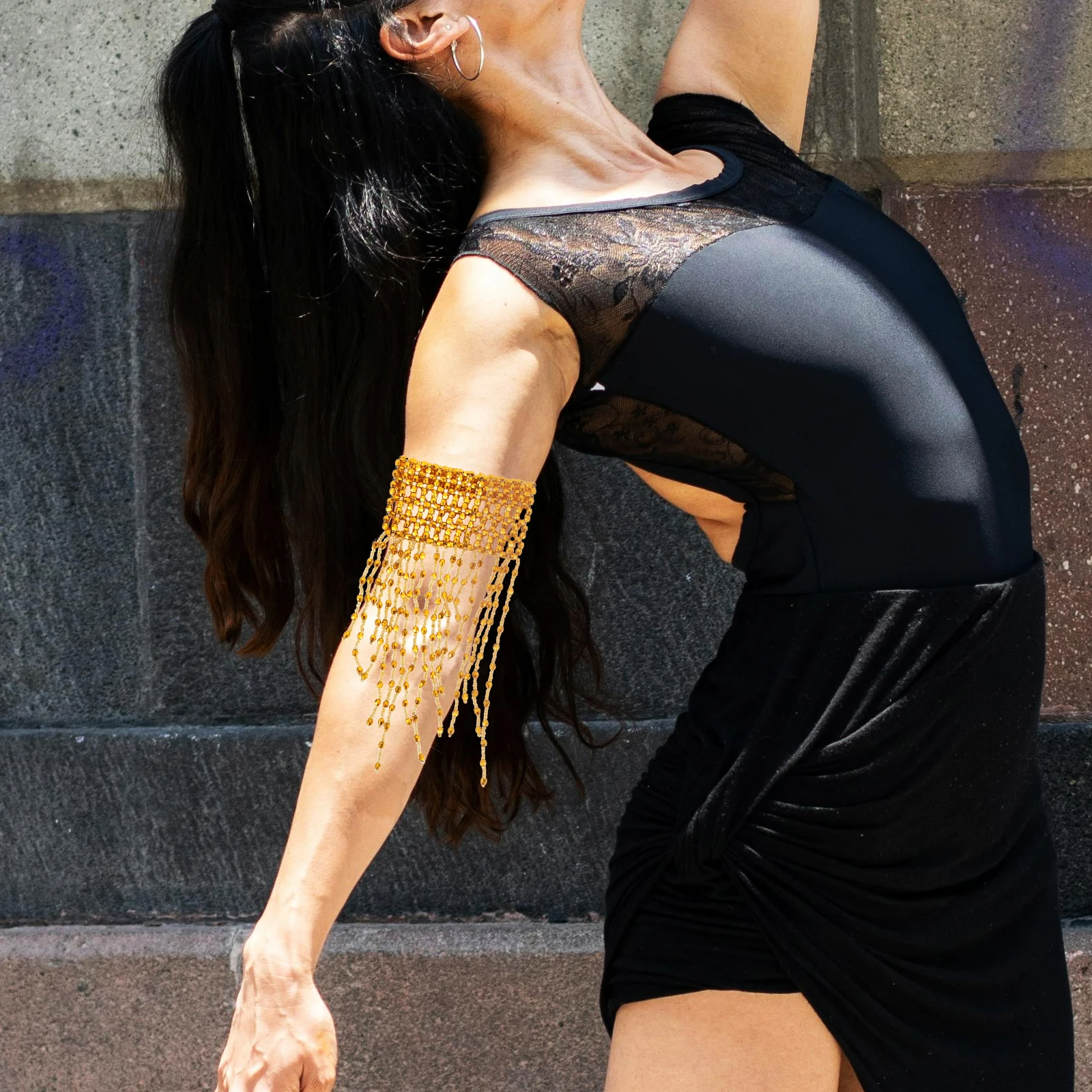 

1 Pair Gold Color Elastic Tassel Arm Cuffs for Belly Dancing Women Stage Adjustable Bracelets
