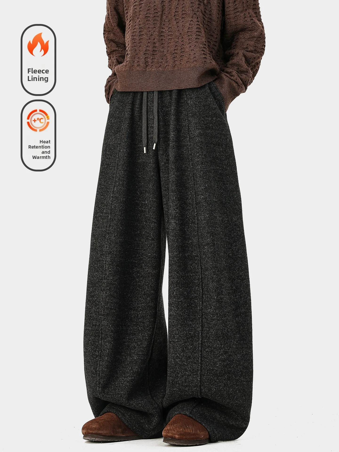 

Casual Fce Lined Drapey Men's Pants Vintage Loose Warm Versatile Straight Leg Trousers for Youth Winter Wearable All Seasons