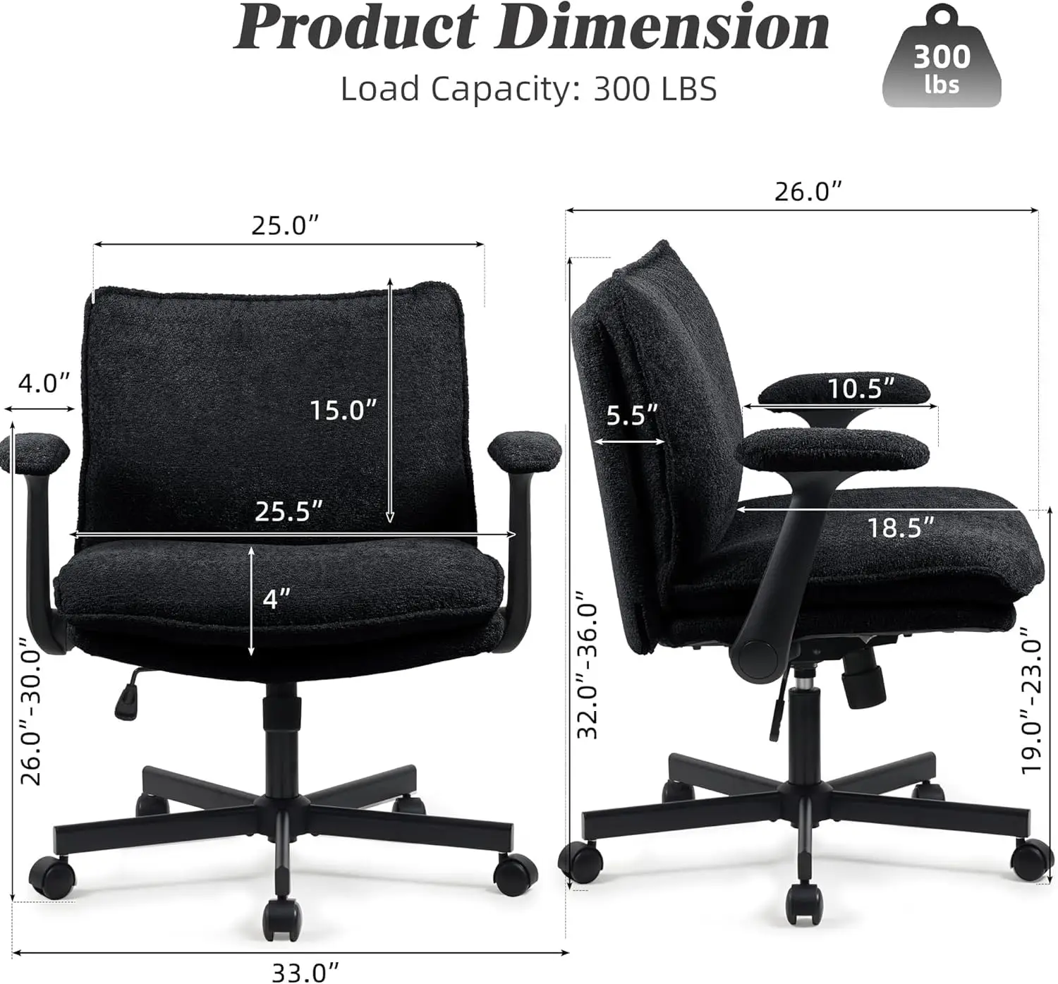 Wide Seat Criss Cross Office Chair with Flip-Up Arms & Wheels, Desk Chair for Home Office & Vanity, Black, Customized