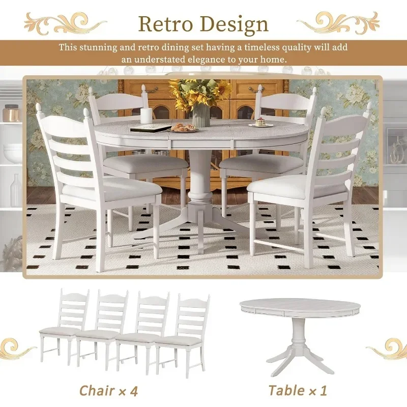 4 pièces pour cuisine et salle à manger avec table extensible ronde et quatre chaises à pied, style rustique rétro, meubles de maison