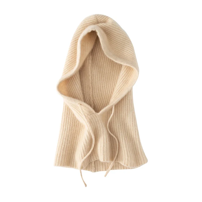 100%Wool Knitted Balaclava Hat For Women Winter Hooded Drawstring Skullies Cap Face Neck Protect Soft Warm Cashmere SKi Bonnet