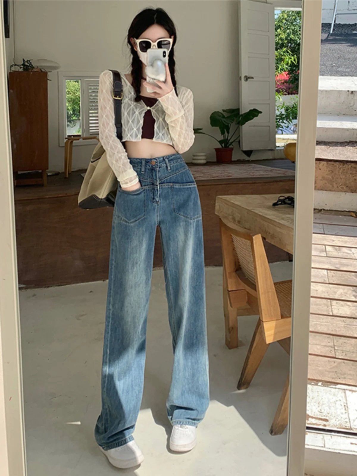 

High Waist Straight Leg Jeans Women's Spring Autumn New Loose plus Size Hiding Hip Wide Leg Floor Length Pants