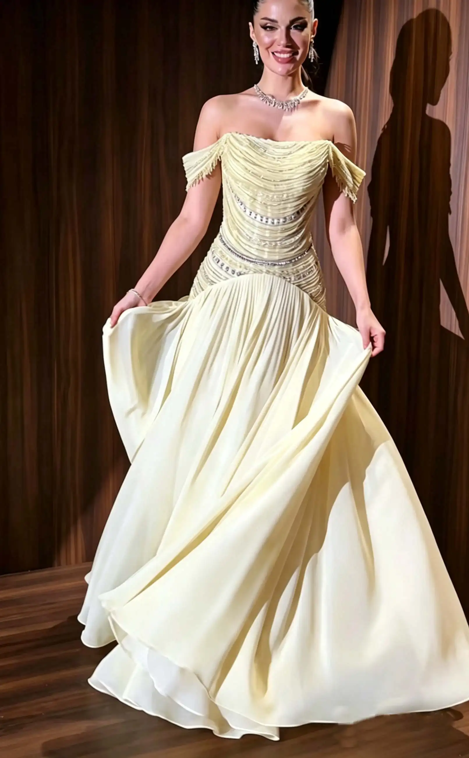Aunber Elegant Bright Yellow A-Line Crystal Beaded Women Evening Prom Dresses Off-the-shoulder Party Dresses Customized