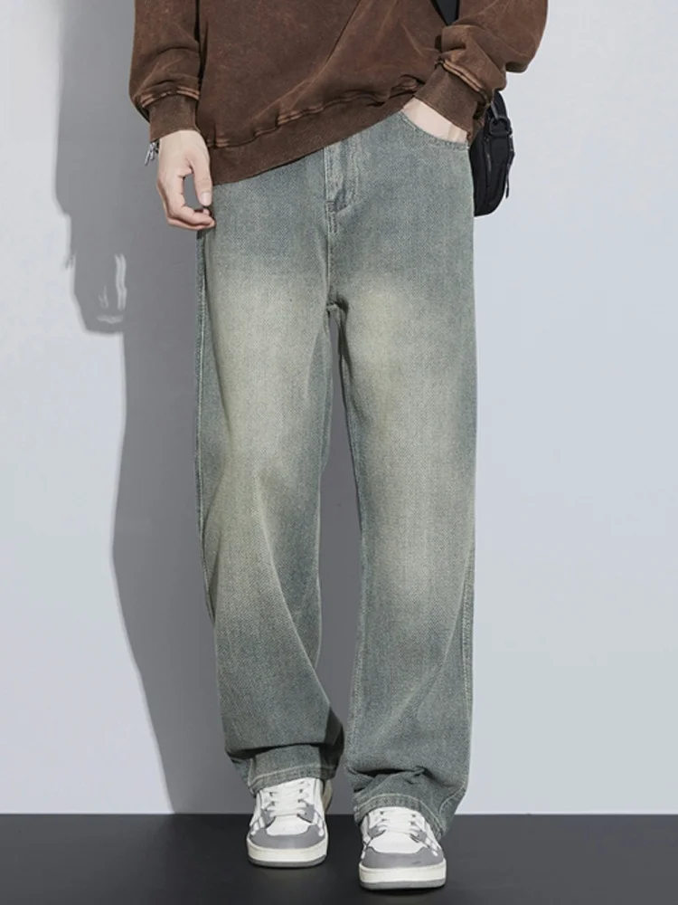 Męskie jeansy o prostych nogawkach, luźny krój, styl vintage, amerykański nadruk Gwieździsta Noc, codzienne, mieszanka bawełny i poliestru, odzież zimowa.