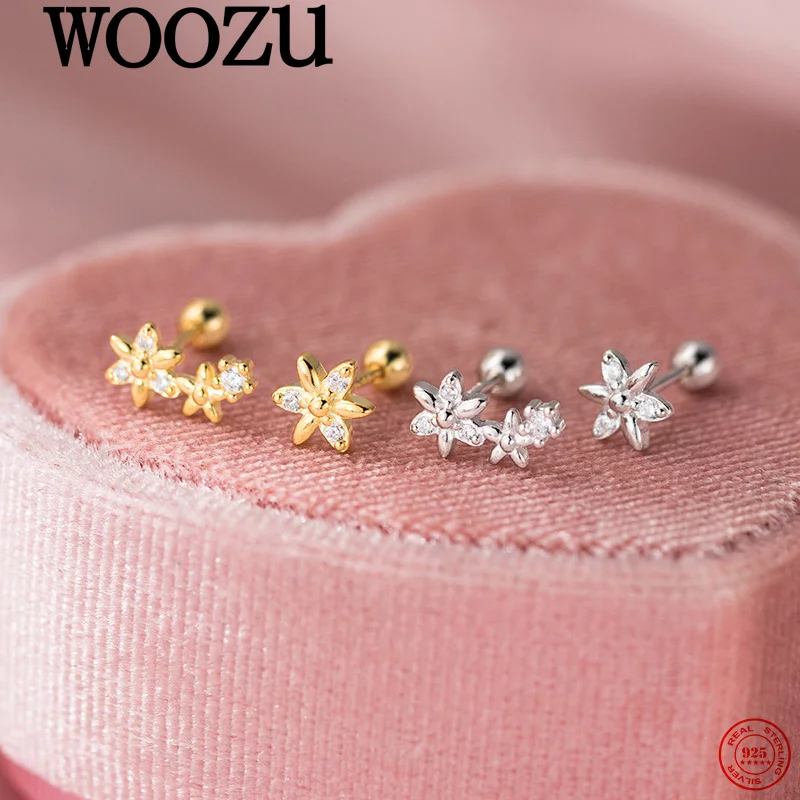 

WOOZU 925 Sterling Silver Sweet Elegant Flower Zircons Screw Bead Earrings for Women Wedding Charm Delicate Jewelry Girls Gifts