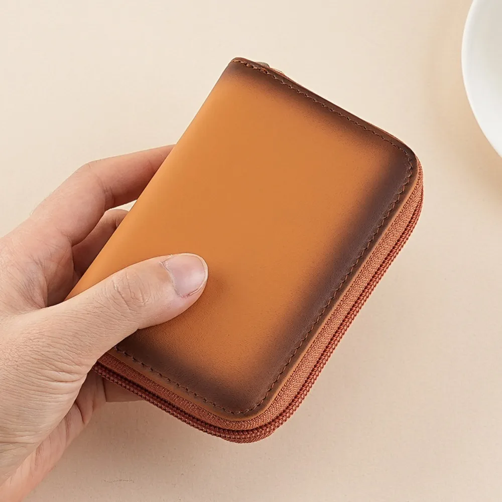 

New Multi Slot Card Holder Leather Zipper Wallet Solid Color Card Bag Men