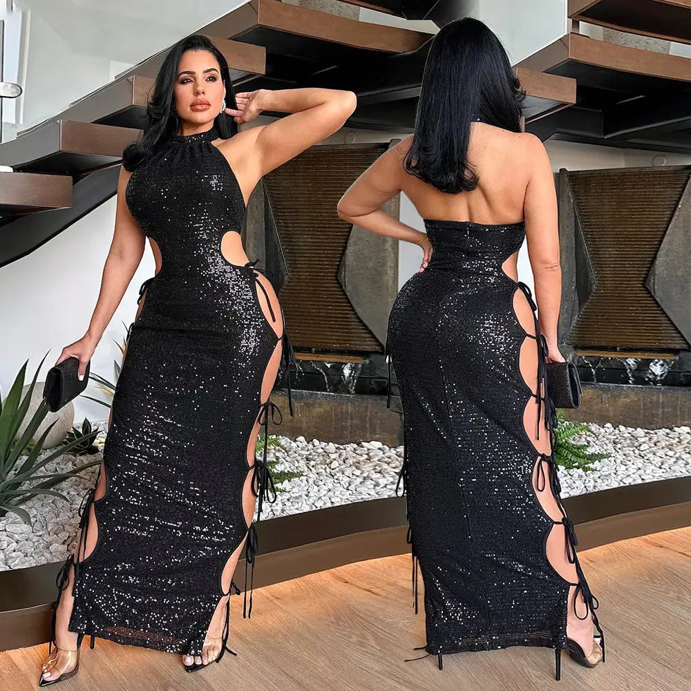 Ele Sexy Lange Dr Hollow out Bead Strap ves Hoge Kraag Lente Pendelen Sle Dames Dr Sli Wikkelrok