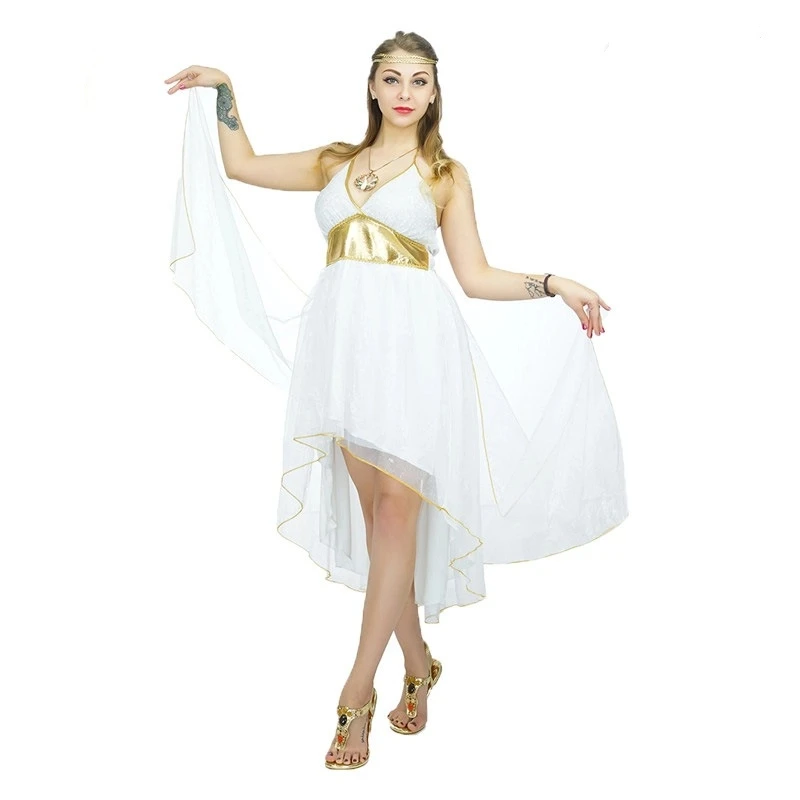 

Halloween Greek Egyptian Goddess Fashion Sexy White Irregular Dress Carnival Party Cosplay Stage Costume Performance Costume Set