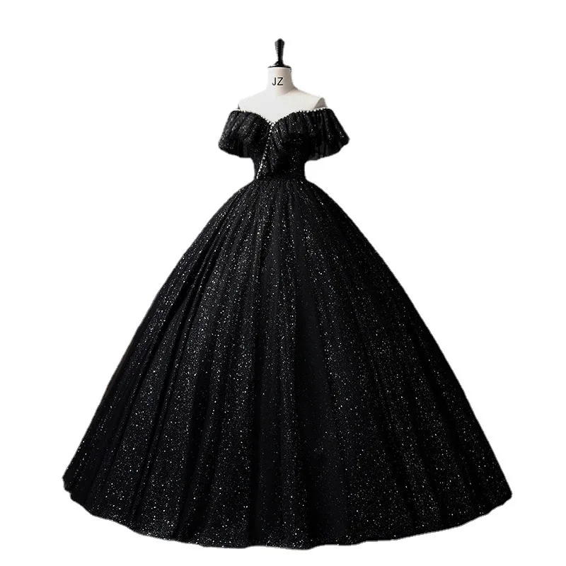 Nuovo abito da ballo nero semplice lusso Bling brillante abiti Quinceanera Classic Off The Shoulder abiti gonfi lunghi fino al pavimento per il ballo di fine anno