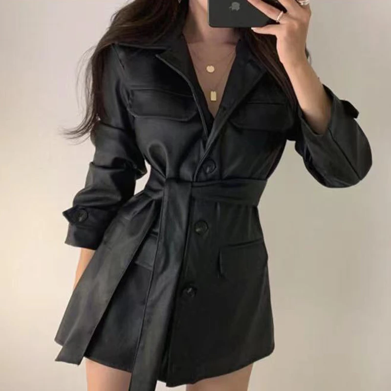 

Chic Retro Lapel Single Button Multi ket Waist-Cinching Long Sve Mid-Length Women's Leather Jaet Coat Sli Commute
