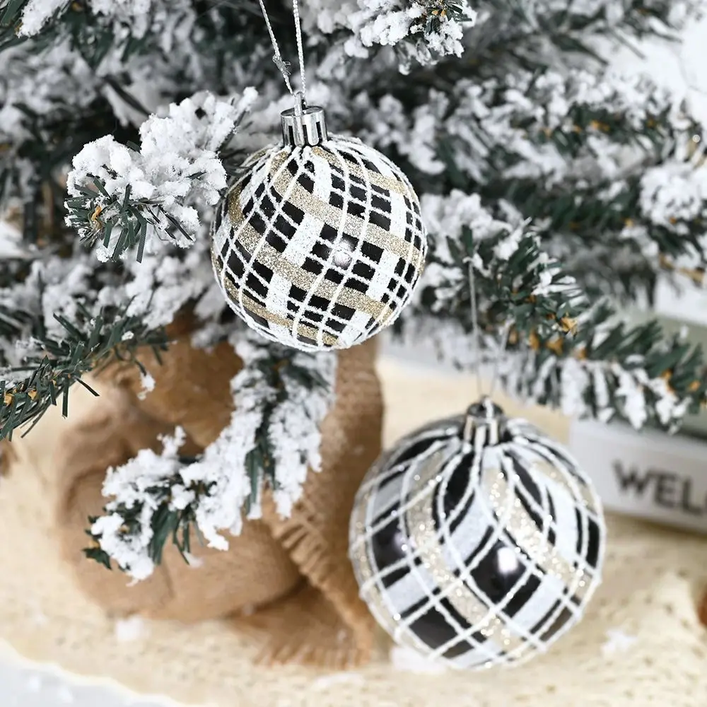 6pcs 6/8cm Painted Christmas Balls Pendant Retro Black White Xmas Tree Ornaments Shatterproof Shiny Electroplated Hanging Balls