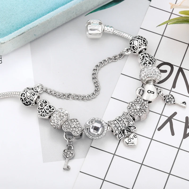 Classics Love Key Charm Bracelet With Heart Beads Pendant Brand  Bracelet For Women Jewelry  Making Gift Special Offer Wholesale