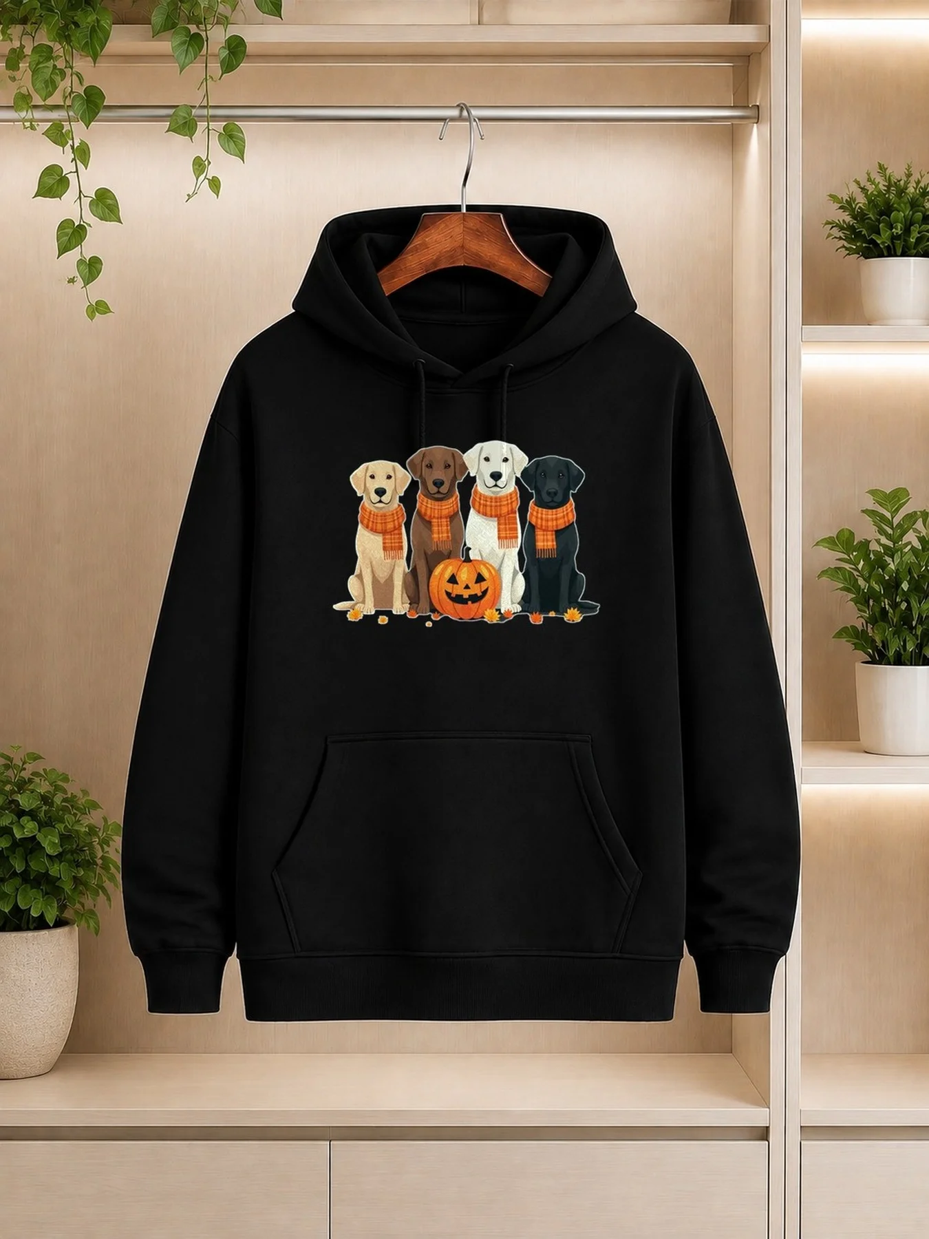 Vintage Pattern Hoodie Men's Hoodie with Four Dogs Decorating a Pumpkin and Scarf
