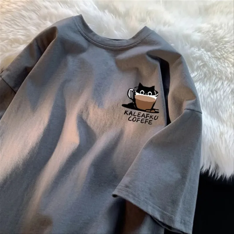 Summer Coffee Simple Basic Oversized Loose Short Sleeve T-shirt Male & Female Student Round Neck Half Sleeve Couple Tee Top image 3
