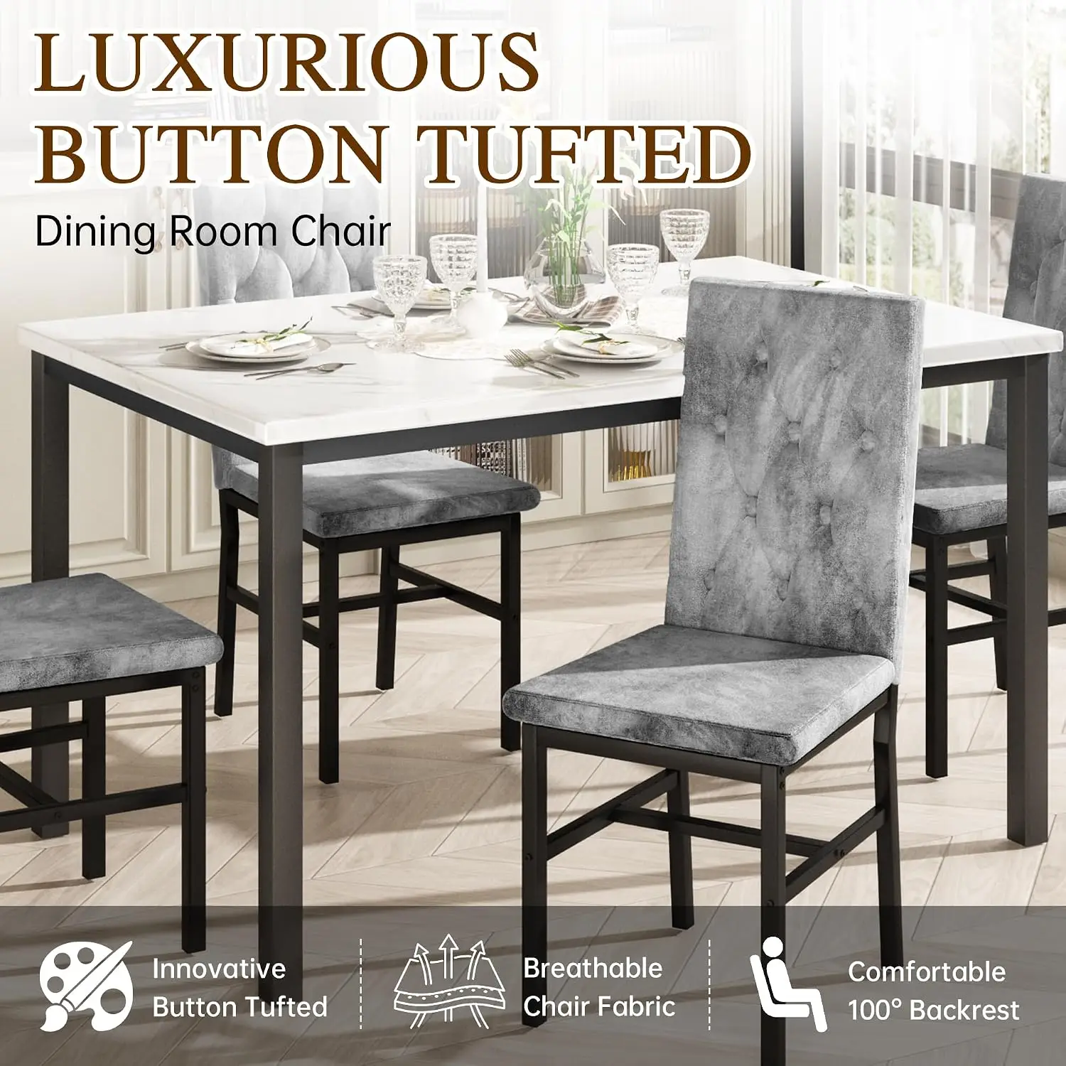 Dining Table Set for 4, Faux Marble Small Kitchen Table Chairs Set of 4 with Luxurious Button Tufted Dinner Chairs for, Custom image 6