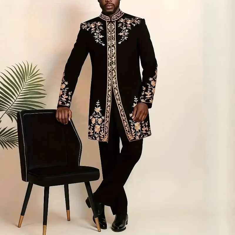 African Long Tunic Dashiki Shirt Pants 2 Pieces Suit Matching Embroidery Floral Casual Tops Trouser Groom Wedding Modern Clothes