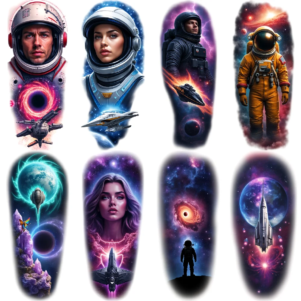 

12pcs Temporary Tattoo Space Suit Realistic Temporary Tattoos Black Hole Rocket Colorful Realism Spaceship For Men Adults
