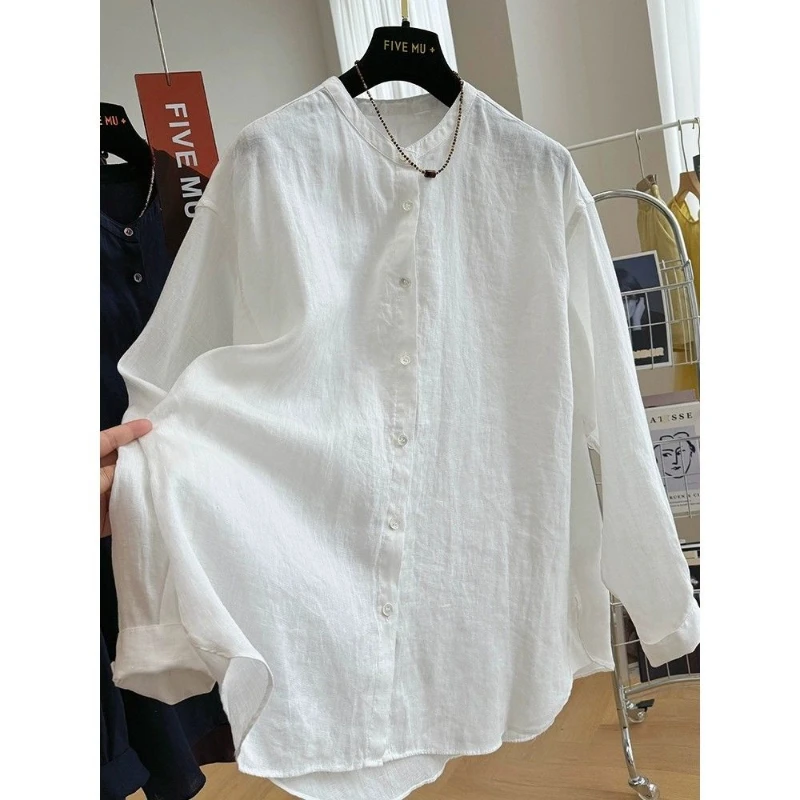 

Pure Linen Chic Round Neck Long Sleeve Sunscreen Shirt for Women Loose Casual Air Conditioning Shirt Temperament Shirt Top
