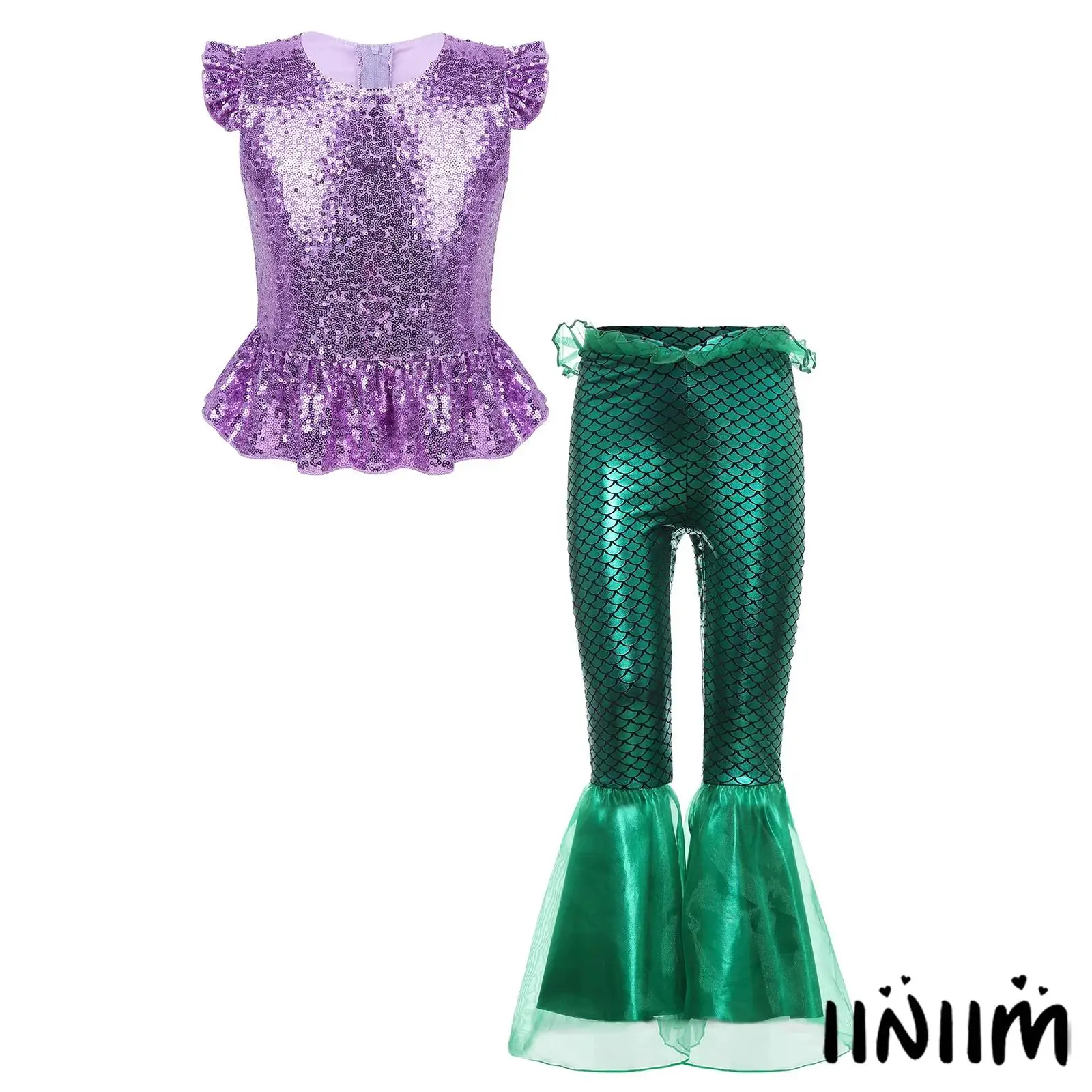 

Kids Girls Shimmering Sea Princess Outfit Short Flutter Sleeves Peplum Top with Pants Mermaid Costume for Cosplay Themed Party