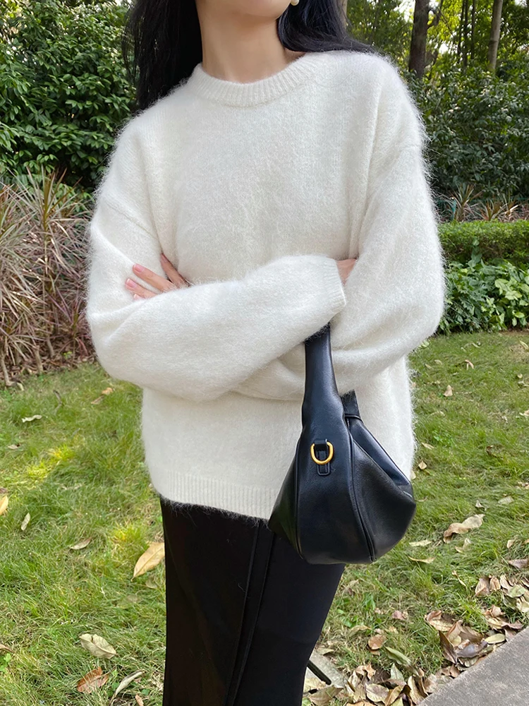 

Свитер женский из 59% шерсти альпака, с длинным рукавом, круглым вырезом, свободного кроя, осенне-зимний, теплый, модный, повседневный, универсальный, базовый слой