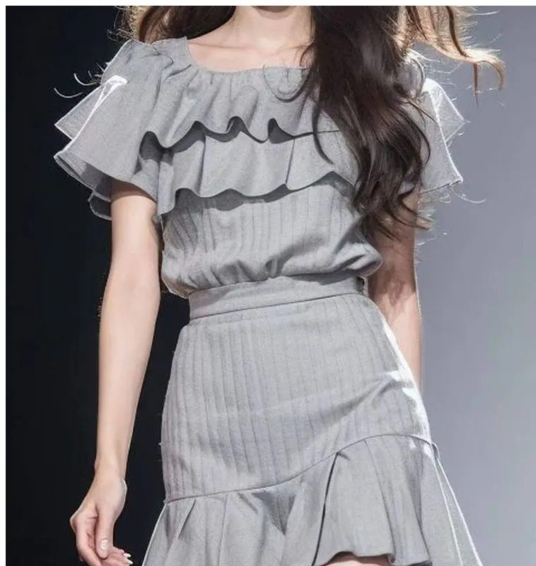 Korea Sweet Patchwork Pullovers Fashion Chic Square Collars Short Sleeves Female Knitted Top Skirt Suit 2024 New