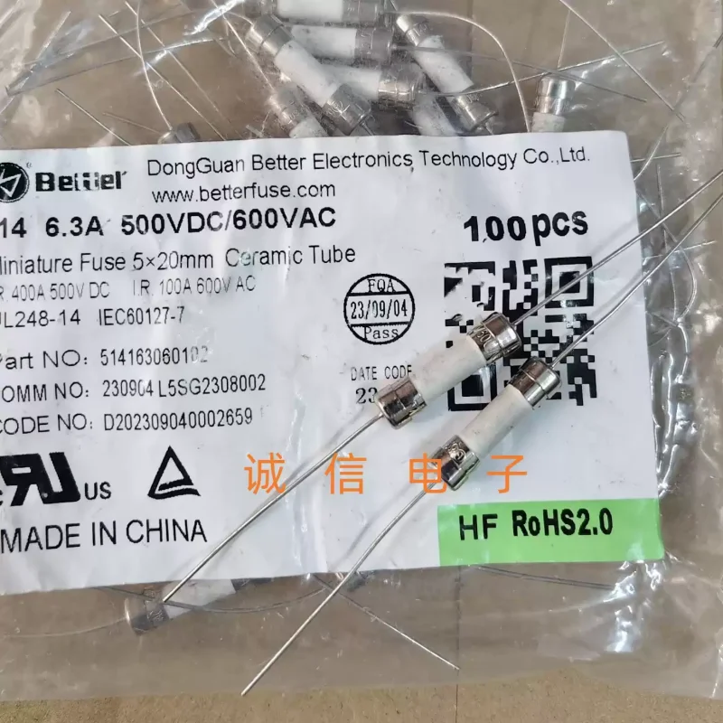 5-100pcs Better Bet 514 6.3A 500VDC 600VAC 5 * 20 ceramic fuse with lead pins
