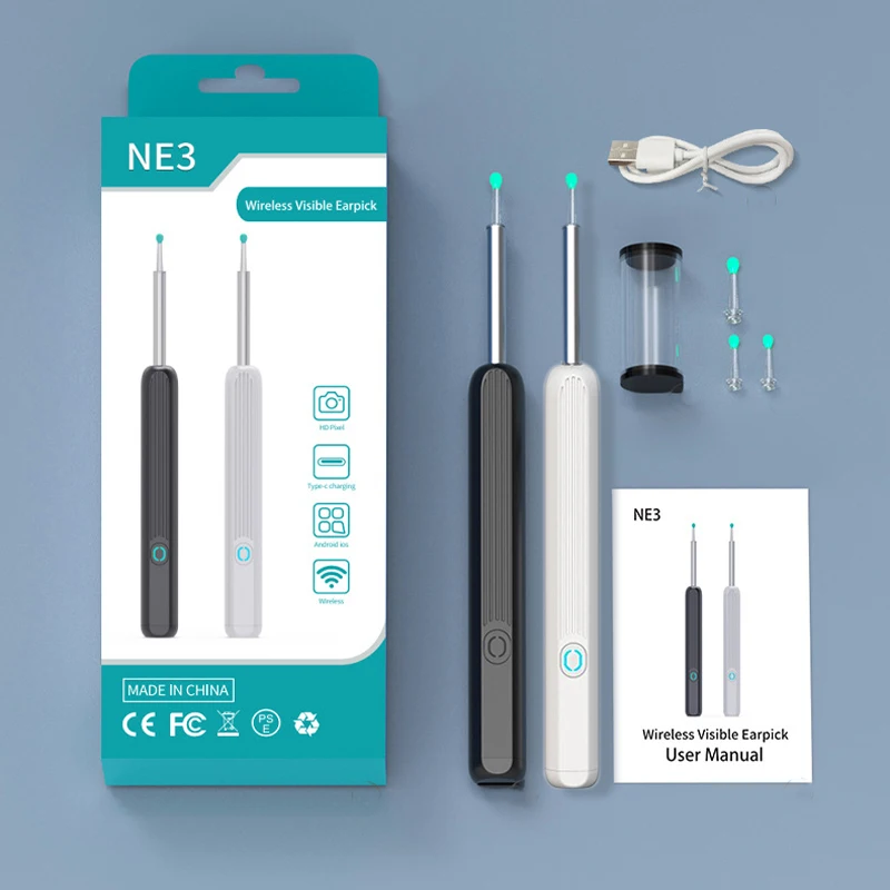 Escavador visual inteligente de ouvido para crianças e adultos, bastão de seleção de ouvido com luz, à prova d\'água e lavável, carregamento USB