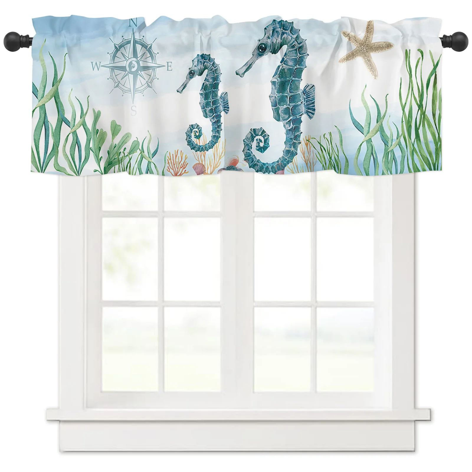 ZEDLIYU Valances for Windows Kitchen Living Room Small Window Valance Ocean Animal Hippocampus on Wooden Plank , 54 x 18 Inch