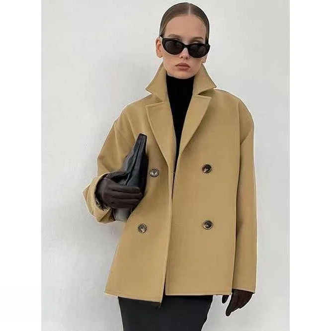 

Faionable Loose Woolen Jaet Suit Collar Ele Outerwear Long Sve Commute Sle Mid-Length Single Button Closure
